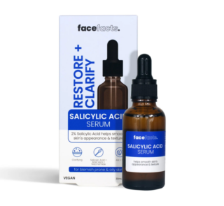 FACEFACTS- Salicylic Acid (restore + clarify) facial serum 30ml Restore & clear your skin with this Salicylic Acid Facial Serum. Packed with 2% Salicylic Acid, calming Aloe Vera and multi-tasking Niacinamide, this serum gently removes surface impurities and helps reduce the appearance of oil and blemishes.