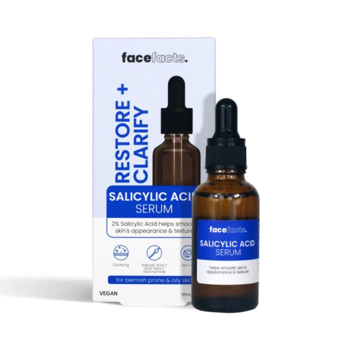 FACEFACTS- Salicylic Acid (restore + clarify) facial serum 30ml Restore & clear your skin with this Salicylic Acid Facial Serum. Packed with 2% Salicylic Acid, calming Aloe Vera and multi-tasking Niacinamide, this serum gently removes surface impurities and helps reduce the appearance of oil and blemishes.